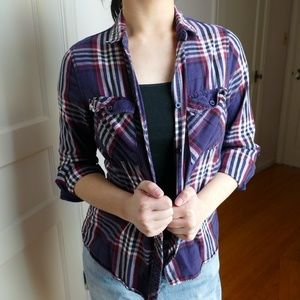 Red, White, and Blue Plaid Button Up Shirt